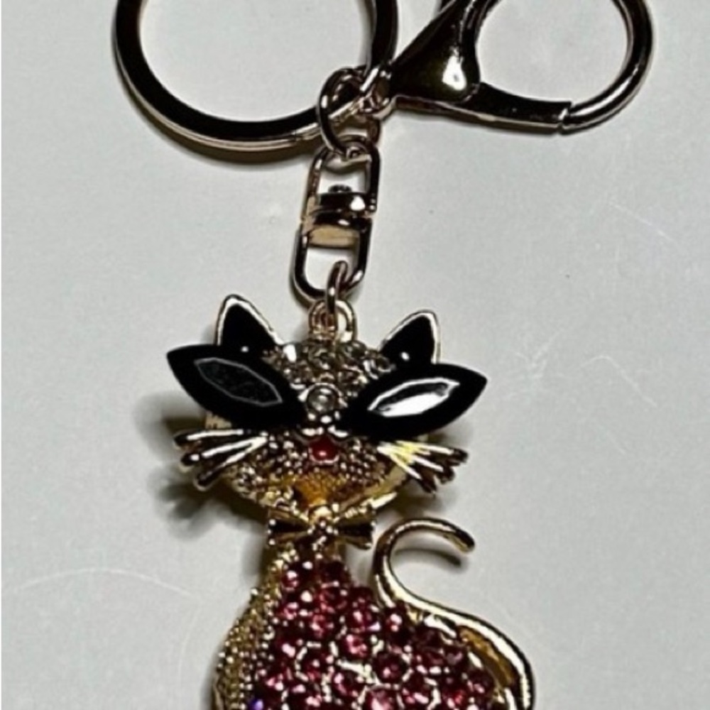 Gold Fancy Cat Keychain or Bag Charm with Red Rhinestones - Picture 3 of 3